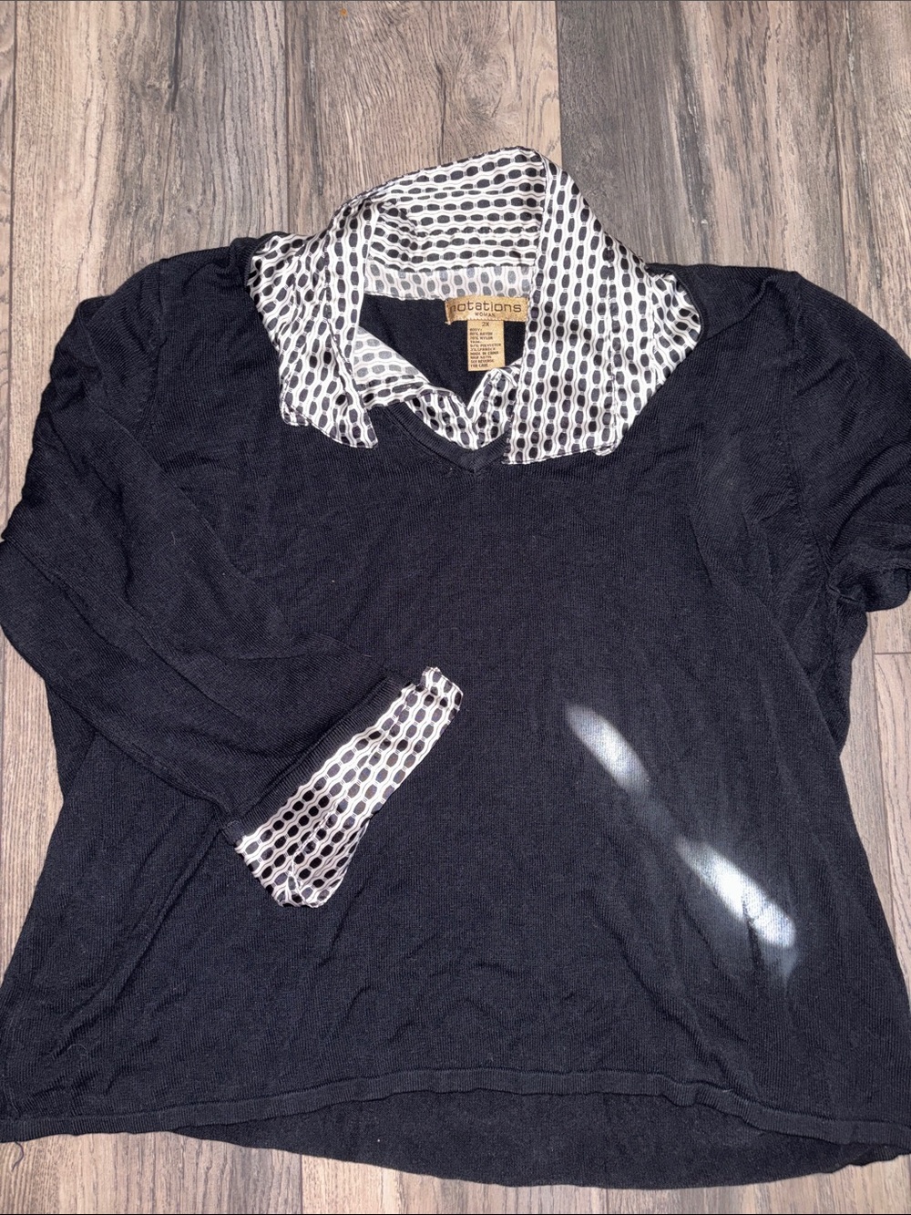 Notations Black Button-Front Top with White Polka Dot Collar